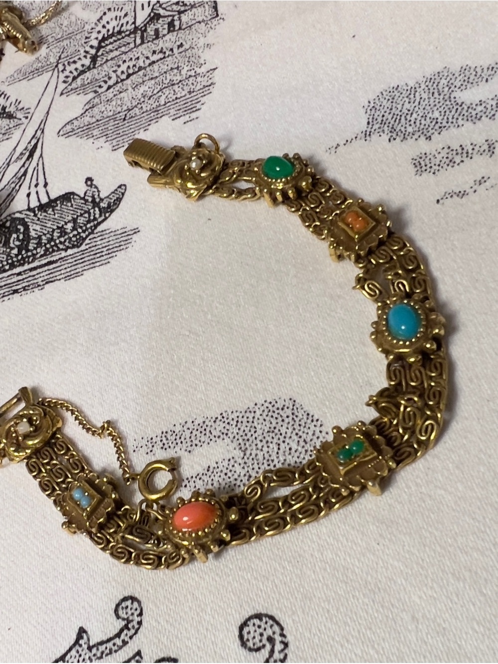 VTG~ Goldette Multi-Stone Link Bracelet - Turquoise, Green & Coral